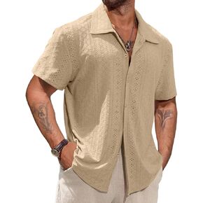 Vssjavun Mens Short Sleeve Button Down Shirts Casual Hollow Out Summer Beach Shirt