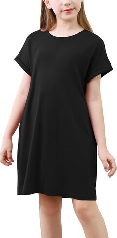 GORLYA Girls Short Sleeve A-Line Loose Casual Shift Swing Summer T-Shirt Dress with Pockets 6-16Y in Kuwait
