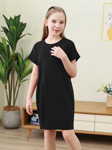 GORLYA Girls Short Sleeve A-Line Loose Casual Shift Swing Summer T-Shirt Dress with Pockets 6-16Y in Kuwait