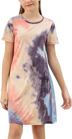 GORLYA Girls Short Sleeve A-Line Loose Casual Shift Swing Summer T-Shirt Dress with Pockets 6-16Y in Kuwait