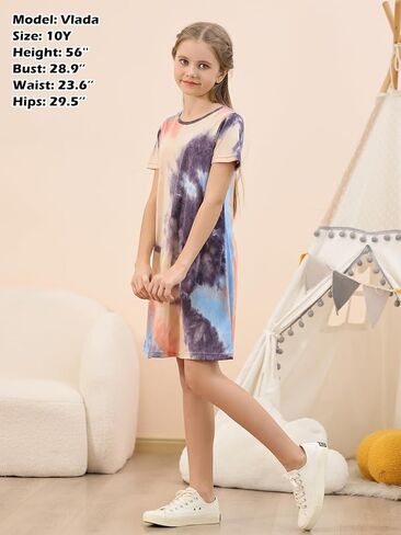 GORLYA Girls Short Sleeve A-Line Loose Casual Shift Swing Summer T-Shirt Dress with Pockets 6-16Y in Kuwait