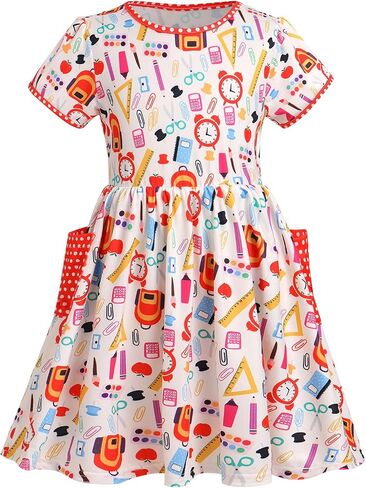 AWIBMK Girls Kids Back to School Dress Kindergarten Short Sleeve Pencil Stationery Schoolbag Casual Dresses with Pockets in Saudi Arabia