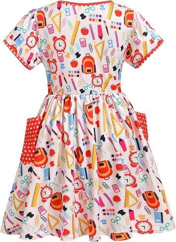 AWIBMK Girls Kids Back to School Dress Kindergarten Short Sleeve Pencil Stationery Schoolbag Casual Dresses with Pockets in Saudi Arabia