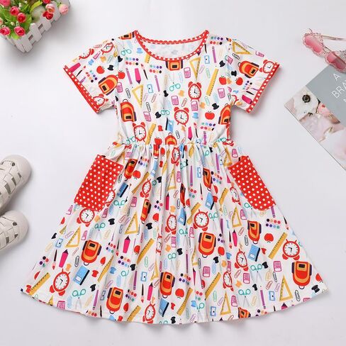 AWIBMK Girls Kids Back to School Dress Kindergarten Short Sleeve Pencil Stationery Schoolbag Casual Dresses with Pockets in Saudi Arabia