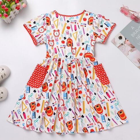 AWIBMK Girls Kids Back to School Dress Kindergarten Short Sleeve Pencil Stationery Schoolbag Casual Dresses with Pockets in Saudi Arabia