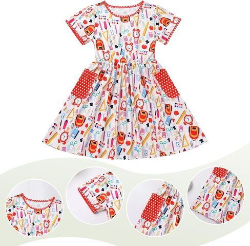AWIBMK Girls Kids Back to School Dress Kindergarten Short Sleeve Pencil Stationery Schoolbag Casual Dresses with Pockets in Saudi Arabia