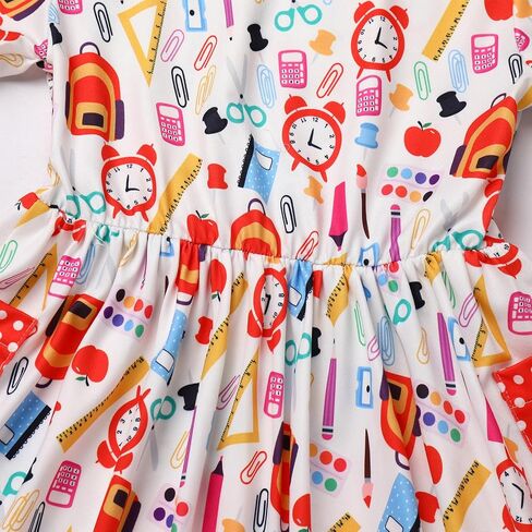 AWIBMK Girls Kids Back to School Dress Kindergarten Short Sleeve Pencil Stationery Schoolbag Casual Dresses with Pockets in Saudi Arabia