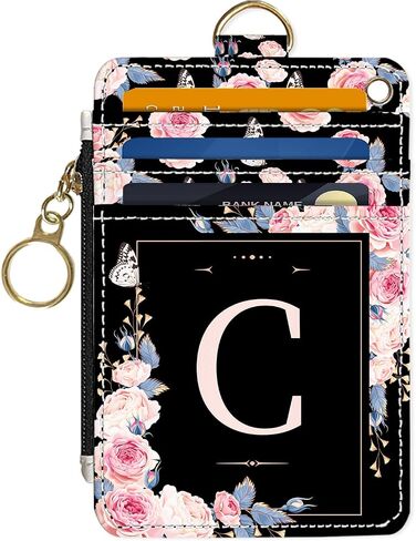Slim Wallet Credit Card Holder, Initial Letter C, RFID Wallet Women Cute Small Front Pocket Wallet With Zipper, PU Leather Thin travel RFID Blocking Card Case ID Window,Ladies Gifts in Saudi Arabia