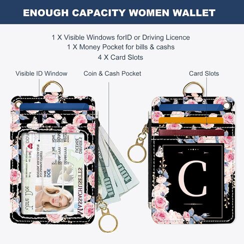 Slim Wallet Credit Card Holder, Initial Letter C, RFID Wallet Women Cute Small Front Pocket Wallet With Zipper, PU Leather Thin travel RFID Blocking Card Case ID Window,Ladies Gifts in Saudi Arabia