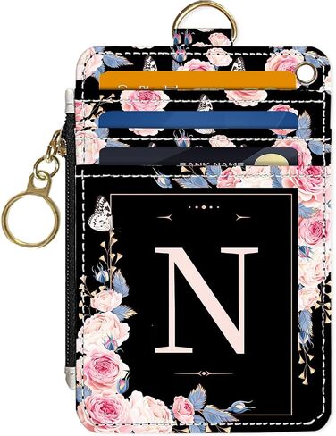 Slim Wallet Credit Card Holder, Initial Letter C, RFID Wallet Women Cute Small Front Pocket Wallet With Zipper, PU Leather Thin travel RFID Blocking Card Case ID Window,Ladies Gifts in Saudi Arabia