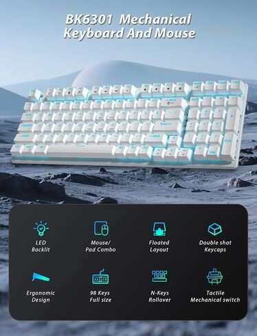 لوحة مفاتيح وماوس ميكانيكية للألعاب، 98 مفتاحًا بإضاءة خلفية LED مع مفتاح أزرق عائم باللون الرمادي، ماوس ألعاب RGB مريح مع مجموعة لوحة ماوس، لوحة مفاتيح سلكية مضادة للشبح لألعاب الكمبيوتر المحمول in Kuwait