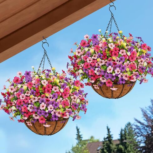 Artificial Hanging Flowers for Outdoors, Fake Hanging Plants with 12" Baskets, 12 Pcs UV Resistant Artificial Hanging Flowers for Decoration Outdoors Garden Patio Porch Yard Spring Summer Decor in Kuwait