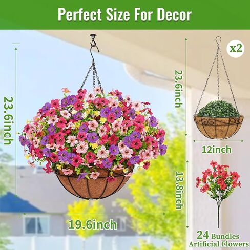 Artificial Hanging Flowers for Outdoors, Fake Hanging Plants with 12" Baskets, 12 Pcs UV Resistant Artificial Hanging Flowers for Decoration Outdoors Garden Patio Porch Yard Spring Summer Decor in Kuwait