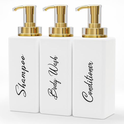 Akalin Refillable Shampoo and Conditioner Bottles, 16oz White and Gold Soap Dispenser Bathroom, Shampoo and Conditioner Dispenser for Bathroom Lotion Body Wash Massage Oils (White) in Saudi Arabia