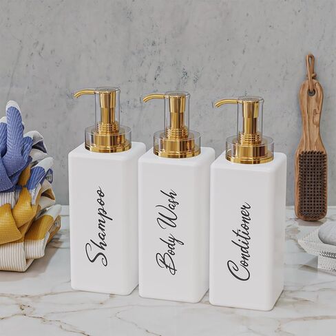 Akalin Refillable Shampoo and Conditioner Bottles, 16oz White and Gold Soap Dispenser Bathroom, Shampoo and Conditioner Dispenser for Bathroom Lotion Body Wash Massage Oils (White) in Saudi Arabia