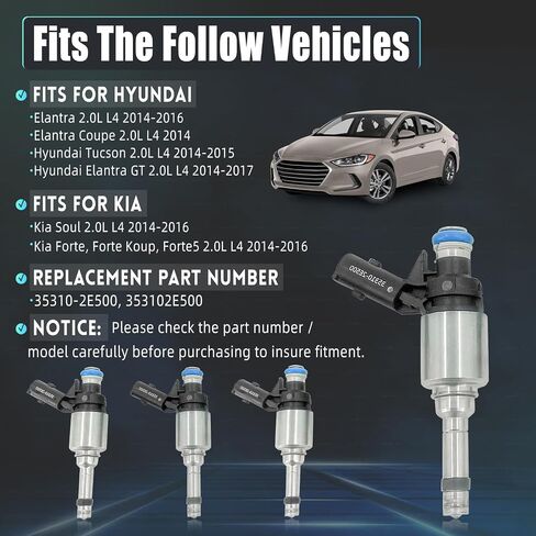 35310-2E500 Fuel Injector Fits for Hyundai Elantra 2014-2017, for Hyundai Tucson 2014-2015, for Kia Forte Forte5 2014-2016, for Kia Soul 2014-2016 2.0L L4 353102E500 (4 PCS) in Saudi Arabia