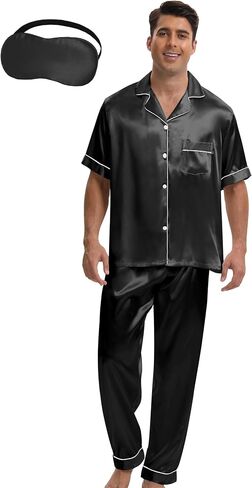 MORFORU Mens Satin Pajamas Set 2 Pcs Short Sleeve Button Down Silky Pajamas for Men Pjs Set Sleepwear with Sleep Mask in Saudi Arabia