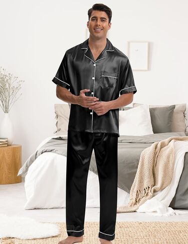MORFORU Mens Satin Pajamas Set 2 Pcs Short Sleeve Button Down Silky Pajamas for Men Pjs Set Sleepwear with Sleep Mask in Saudi Arabia