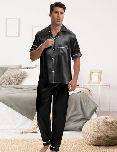 MORFORU Mens Satin Pajamas Set 2 Pcs Short Sleeve Button Down Silky Pajamas for Men Pjs Set Sleepwear with Sleep Mask in Saudi Arabia