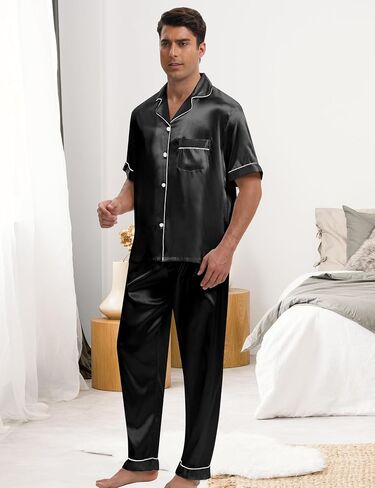 MORFORU Mens Satin Pajamas Set 2 Pcs Short Sleeve Button Down Silky Pajamas for Men Pjs Set Sleepwear with Sleep Mask in Saudi Arabia
