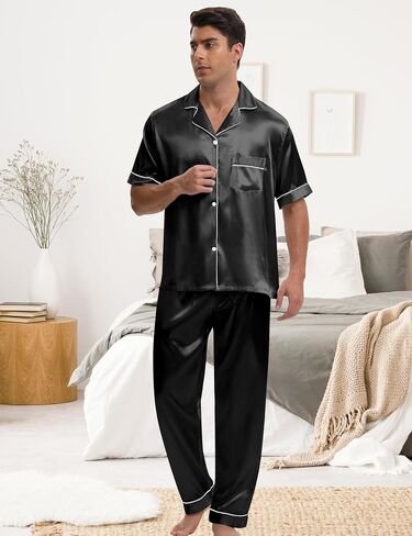MORFORU Mens Satin Pajamas Set 2 Pcs Short Sleeve Button Down Silky Pajamas for Men Pjs Set Sleepwear with Sleep Mask in Saudi Arabia