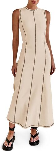 Wenrine Womens Sleeveless T Shirt Dress Summer Contrast Stitch Ribbed Knit Tank Maxi Dresses in Saudi Arabia