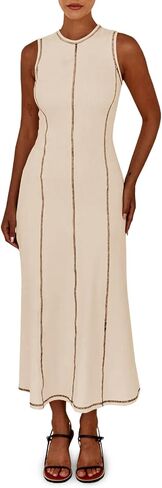 Wenrine Womens Sleeveless T Shirt Dress Summer Contrast Stitch Ribbed Knit Tank Maxi Dresses in Saudi Arabia