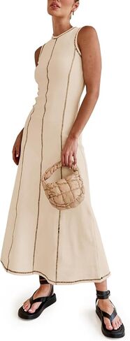 Wenrine Womens Sleeveless T Shirt Dress Summer Contrast Stitch Ribbed Knit Tank Maxi Dresses in Saudi Arabia