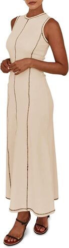 Wenrine Womens Sleeveless T Shirt Dress Summer Contrast Stitch Ribbed Knit Tank Maxi Dresses in Saudi Arabia