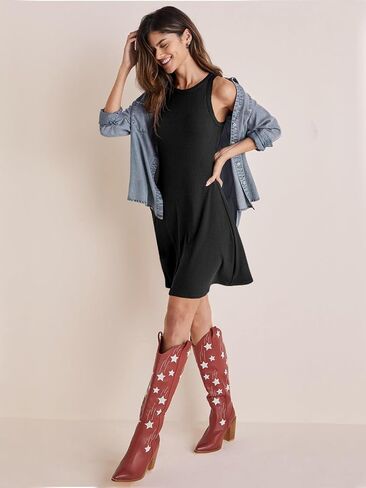 Wenrine Womens Summer Summer Tank Dress Dress مضلع متماسك أكمام in Saudi Arabia