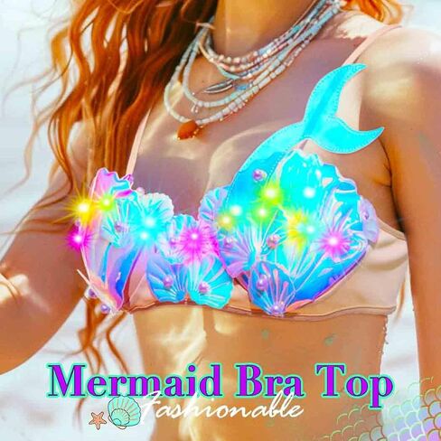 Zoestar Light Up Mermaid Costume Bra Top Flowing LED LED Shell Pearls Bikini Top Sparkly Summer Beach Bra for Women in Kuwait