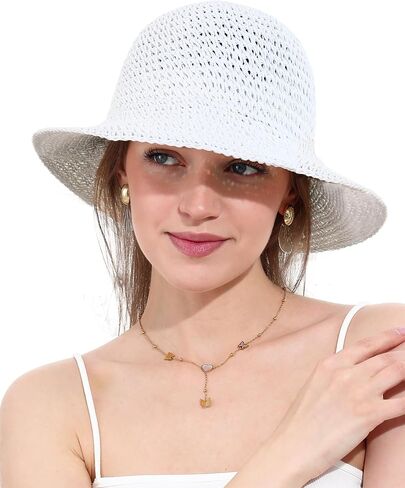 Womens Straw Sun Hat Wide Brim Hand Woven Foldable Beach Bucket Hat for Summer Travel UV Protection UPF 50+ in Saudi Arabia