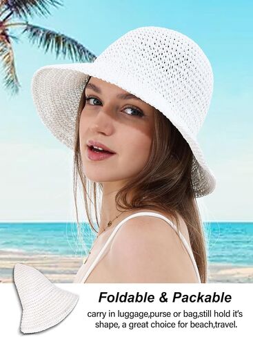 Womens Straw Sun Hat Wide Brim Hand Woven Foldable Beach Bucket Hat for Summer Travel UV Protection UPF 50+ in Saudi Arabia