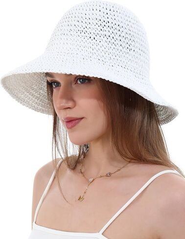 Womens Straw Sun Hat Wide Brim Hand Woven Foldable Beach Bucket Hat for Summer Travel UV Protection UPF 50+ in Saudi Arabia
