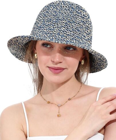 Womens Straw Sun Hat Wide Brim Hand Woven Foldable Beach Bucket Hat for Summer Travel UV Protection UPF 50+ in Saudi Arabia