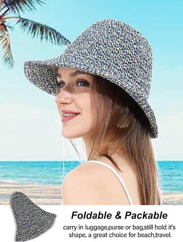 Womens Straw Sun Hat Wide Brim Hand Woven Foldable Beach Bucket Hat for Summer Travel UV Protection UPF 50+ in Saudi Arabia