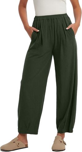 Les umes Womens Elastic Waist Casual Pants Cotton Wide Leg Summer Harem Ankle Trousers with Pockets in Kuwait