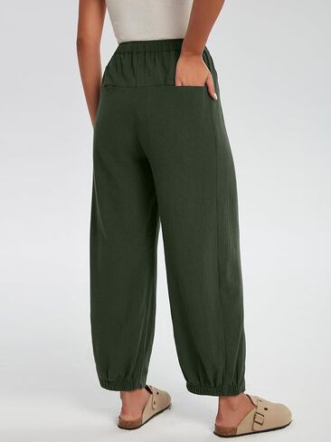 Les umes Womens Elastic Waist Casual Pants Cotton Wide Leg Summer Harem Ankle Trousers with Pockets in Kuwait