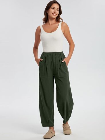 Les umes Womens Elastic Waist Casual Pants Cotton Wide Leg Summer Harem Ankle Trousers with Pockets in Kuwait