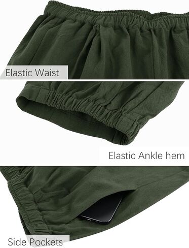 Les umes Womens Elastic Waist Casual Pants Cotton Wide Leg Summer Harem Ankle Trousers with Pockets in Kuwait