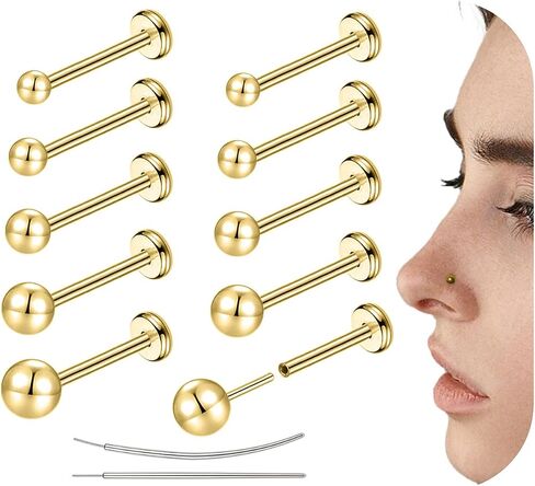 ترصيع أنف مسطحة للخيوط المسطحة ، مجوهرات الأنف الفولاذية الجراحية ، ترصيع ثقب الأنف 18G/20G مع CZ GOLD/Black/Silver ، تصميم آمن للنساء والرجال (12 ٪) in Kuwait