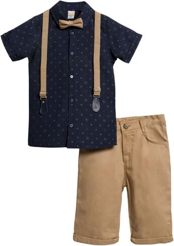 POLLİTO Four-Piece Set for Toddler Boys | Patterned Short-Sleeve Shirt, Bow Tie, Suspenders, and Trousers | Outfits for Boys in Saudi Arabia