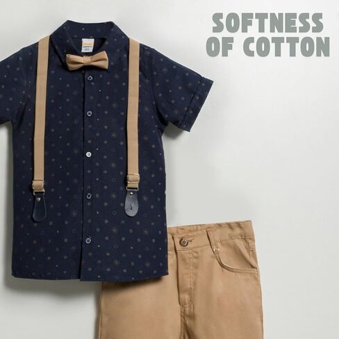 POLLİTO Four-Piece Set for Toddler Boys | Patterned Short-Sleeve Shirt, Bow Tie, Suspenders, and Trousers | Outfits for Boys in Saudi Arabia