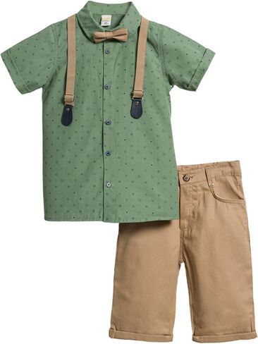 POLLİTO Four-Piece Set for Toddler Boys | Patterned Short-Sleeve Shirt, Bow Tie, Suspenders, and Trousers | Outfits for Boys in Saudi Arabia