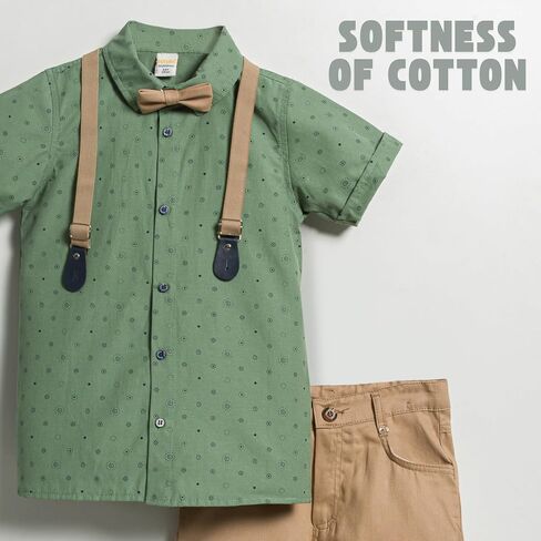 POLLİTO Four-Piece Set for Toddler Boys | Patterned Short-Sleeve Shirt, Bow Tie, Suspenders, and Trousers | Outfits for Boys in Saudi Arabia