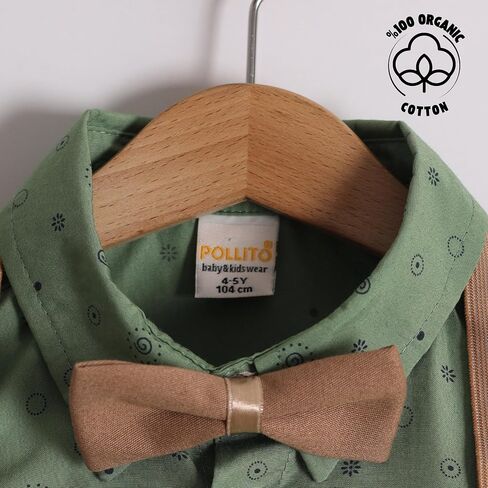 POLLİTO Four-Piece Set for Toddler Boys | Patterned Short-Sleeve Shirt, Bow Tie, Suspenders, and Trousers | Outfits for Boys in Saudi Arabia