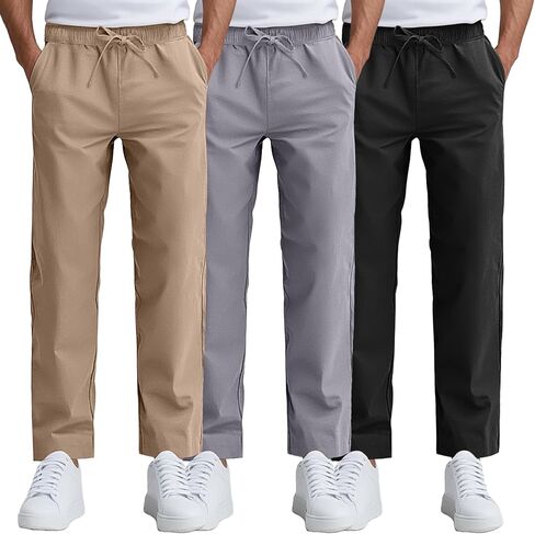 Ficerd 3 Pack Pack Men Cutton Cotton Chino Pants ، Summer Lounge Elastic Weist Pronts Strain Bansers مع جيوب in Kuwait