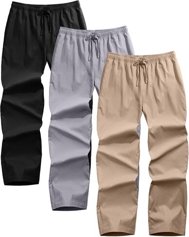 Ficerd 3 Pack Pack Men Cutton Cotton Chino Pants ، Summer Lounge Elastic Weist Pronts Strain Bansers مع جيوب in Kuwait