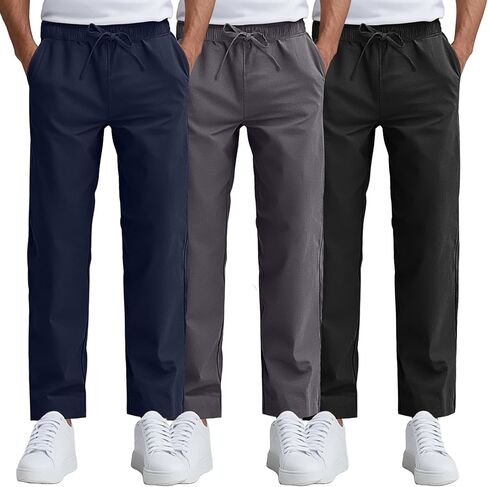 Ficerd 3 Pack Pack Men Cutton Cotton Chino Pants ، Summer Lounge Elastic Weist Pronts Strain Bansers مع جيوب in Kuwait