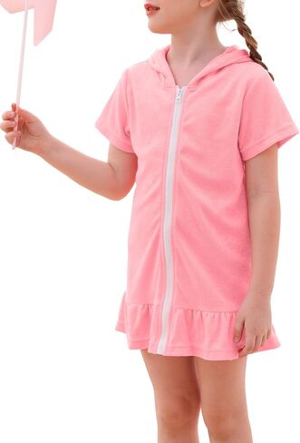 Swim Cover Up Girls Multicolor Short Sleeve Ruffle Bathing Suit Hooded Zip-Up Terry Swimsuit for Toddler Kids in Saudi Arabia